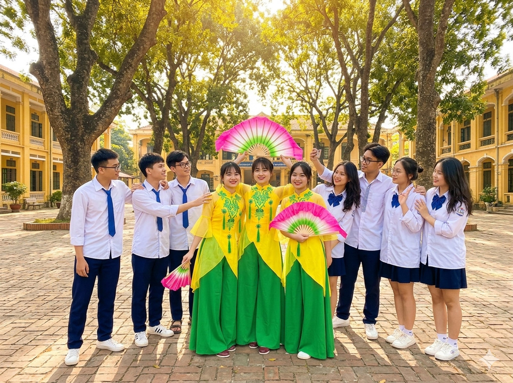 Muốn tiết mục của lớp mình "giật spotlight" thì không thể thiếu váy múa dân gian đương đại đâu nhé! Váy vừa xinh, vừa nhẹ lại cực bay bổng, giúp tụi mình xoay vòng cực "nghệ" và ghi điểm tuyệt đối trên sân khấu luôn!